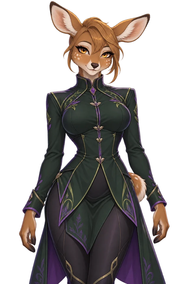 Adult anime doe heroine with golden fur and a forest-green outfit