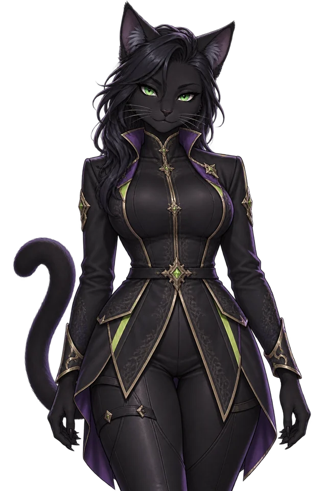 Adult anime feline heroine with black fur and emerald eyes