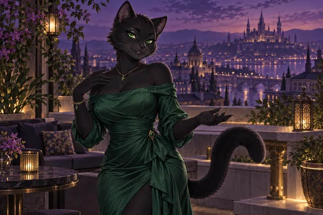 Adult black feline in an emerald evening dress on a city rooftop