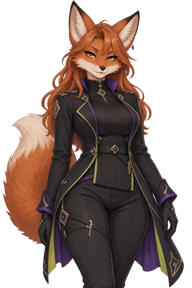Adult anime fox heroine with copper fur and a dark fantasy outfit