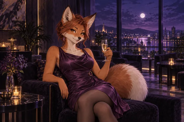 Adult copper fox in a plum evening dress in a moonlit lounge