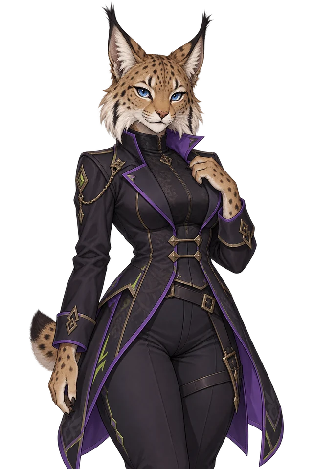 Adult anime lynx heroine with spotted fur and tufted ears