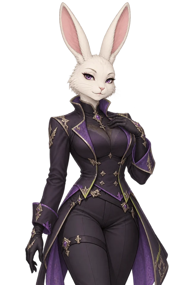 Adult anime rabbit heroine with white fur and long ears