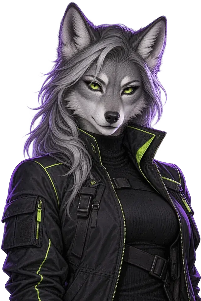 Adult silver wolf explorer in a dark utility jacket